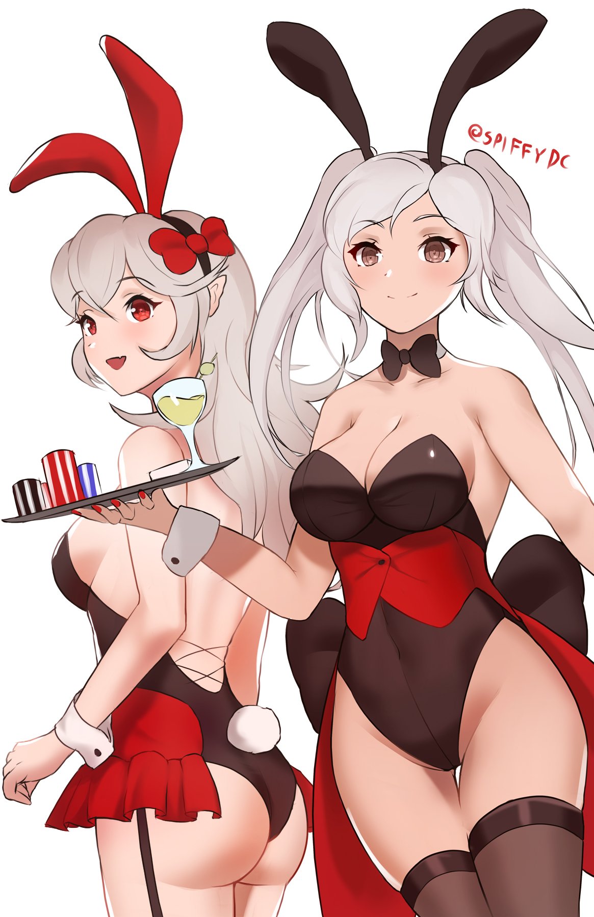 2_girls alluring alternate_costume animal_ears breasts brown_eyes bunnysuit choker cleavage closed_mouth corrin_(fire_emblem) corrin_(fire_emblem)_(female) cup drinking_glass fake_animal_ears fire_emblem fire_emblem_awakening fire_emblem_fates high_res holding holding_tray leotard long_hair multiple_girls nail_polish nintendo open_mouth playboy_bunny pointy_ears rabbit_ears red_eyes robin_(fire_emblem) robin_(fire_emblem)_(female) sideboob simple_background smile spiffydc stockings tray twin_tails twitter_username white_background white_hair wine_glass wrist_cuffs