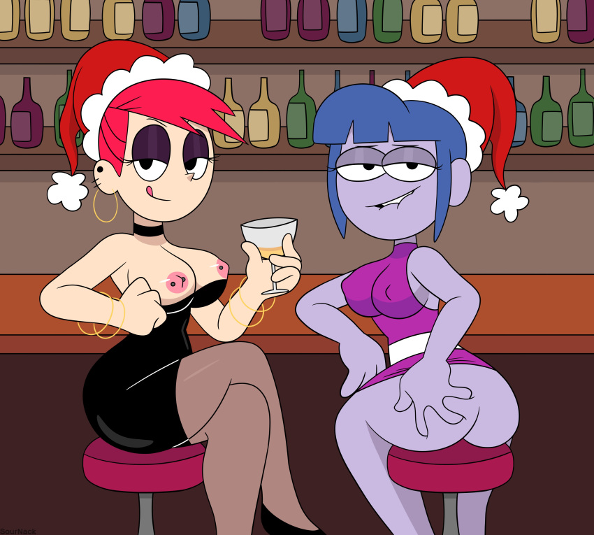 big_city_greens black_dress blue_hair cartoon_network crossover disney_channel foster's_home_for_imaginary_friends frankie_foster gloria_sato nipple_piercing purple_skin red_hair showing_ass showing_breasts tagme