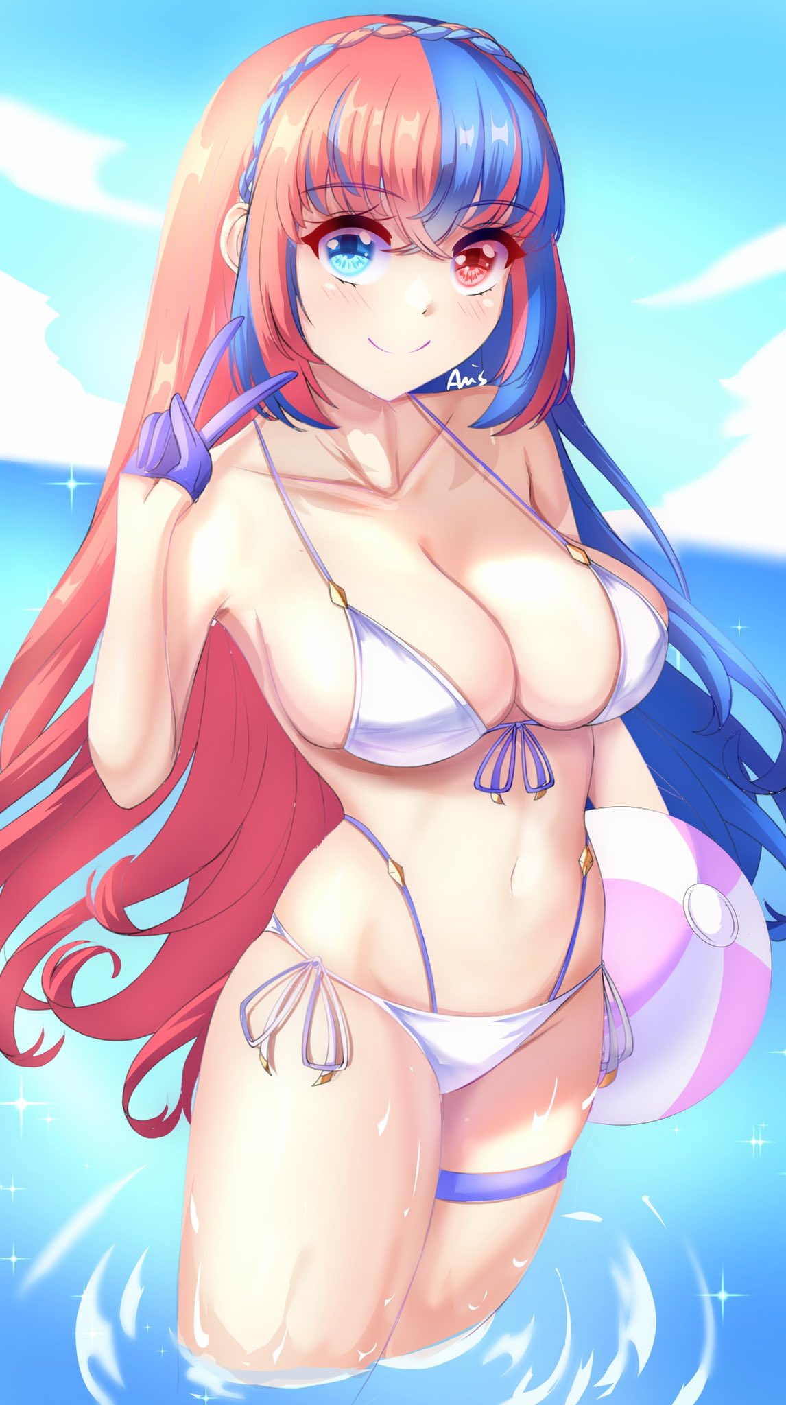 1girl alear_(female)_(fire_emblem) alear_(fire_emblem) alluring alternate_costume anisdrawn ball bangs beachball big_breasts bikini blue_eyes blue_gloves blue_hair braid breasts collarbone crossed_bangs crown_braid female_only fire_emblem fire_emblem_engage gloves half_gloves heterochromia high_res light_blush long_hair looking_at_viewer multicolored_hair navel nintendo partially_submerged red_eyes red_hair skindentation smile swimsuit thigh_strap v very_long_hair water watermark wet white_bikini white_swimsuit