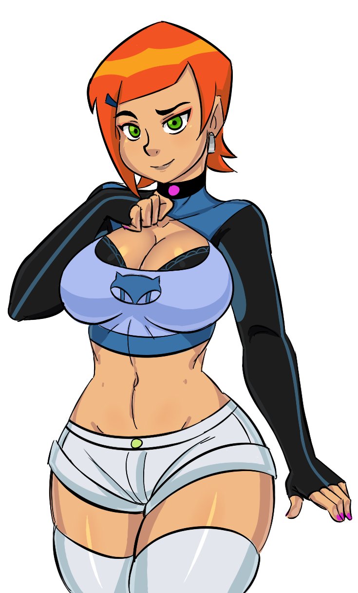 1girl bare_midriff belly belly_button ben_10 big_breasts boob_window bra breasts cartoon_network cleavage cleavage_cutout clothed clothing crop_top denim_shorts donchibi earrings female_only female_solo flat_belly future_gwen_tennyson green_eyes gwen_tennyson hourglass_figure jean_shorts light-skinned_female light_skin long_sleeves looking_at_viewer midriff nail_polish navel orange_hair plain_background presenting_breasts raised_eyebrow red_hair short_hair shorts slim_waist smile stockings thick thick_thighs tomboy white_background white_shorts wide_hips