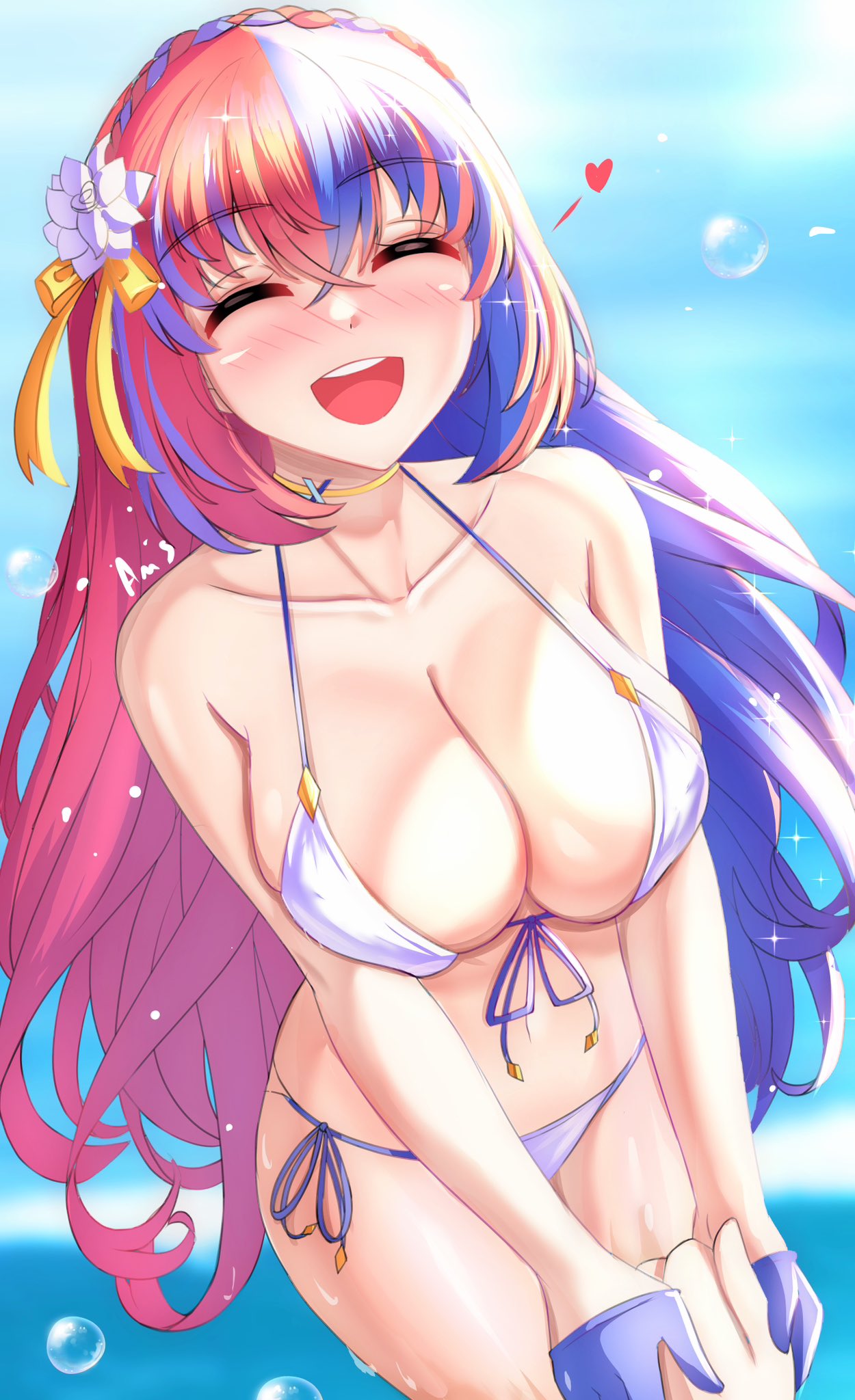 1girl 1girl adorable alear_(female)_(fire_emblem) alear_(fire_emblem) alluring alternate_costume anisdrawn bangs big_breasts bikini blue_hair blush braid breasts closed_eyes crossed_bangs crown_braid female_focus fire_emblem fire_emblem_engage heterochromia high_res holding_hands long_hair multicolored_hair navel nintendo open_mouth outside red_hair smile solo_focus split-color_hair swimsuit thighs two-tone_hair very_long_hair water wet white_bikini white_swimsuit