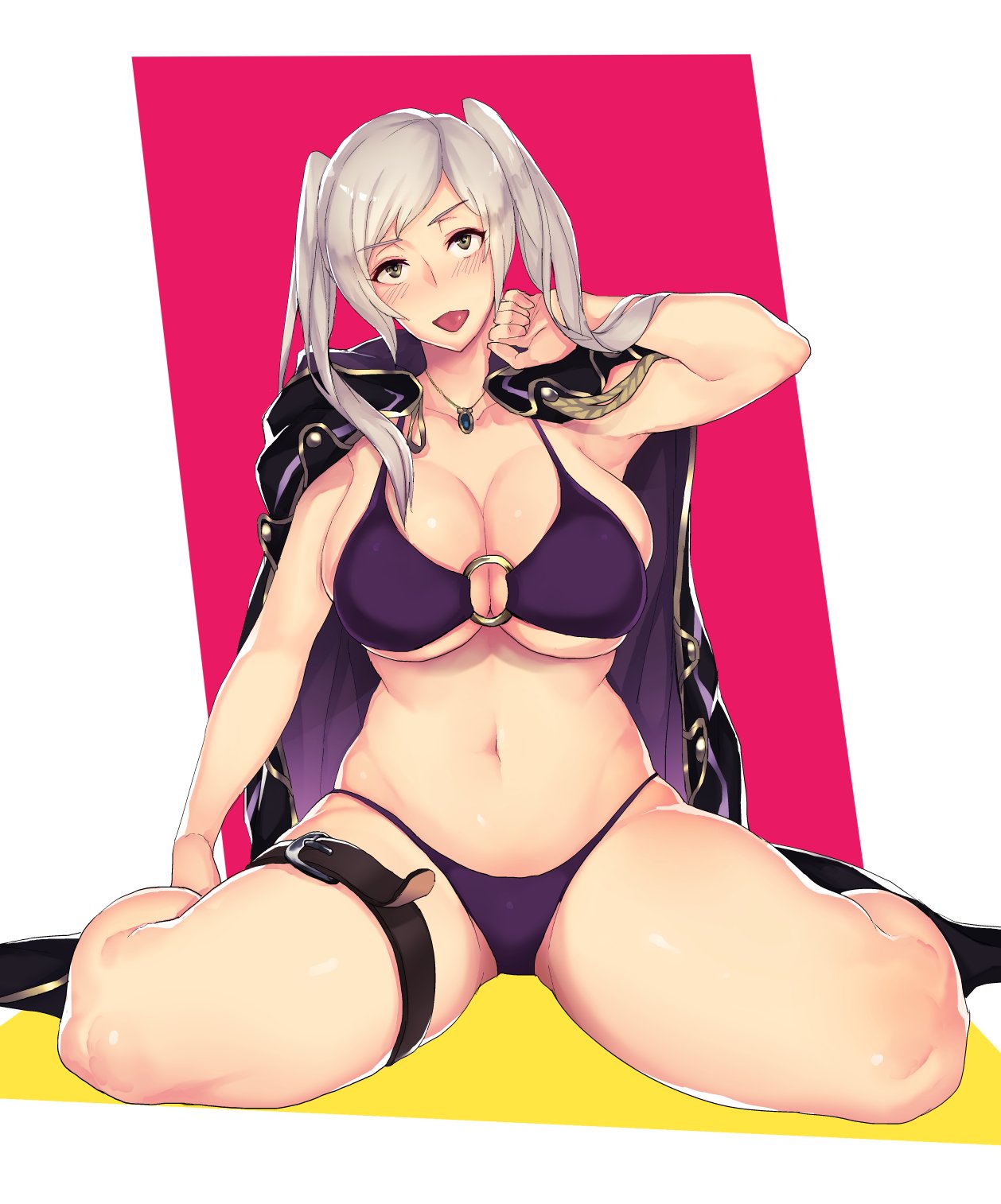 1girl 1girl alluring asymmetrical_bangs belt big_breasts bikini blush breasts cape cleavage fire_emblem fire_emblem_awakening fire_emblem_heroes high_res highleg highleg_bikini jewelry messatsu_tan navel necklace nintendo o-ring o-ring_bikini purple_bikini robe robin_(fire_emblem) robin_(fire_emblem)_(female) seiza short_twintails silver_hair sitting skindentation spread_legs stomach string_bikini swimsuit thick_thighs thigh_strap thighs twin_tails v-shaped_eyebrows yellow_eyes