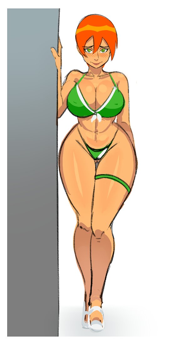 1girl 1girl 1girl ass_visible_through_thighs ben_10 big_breasts bikini blush breasts cameltoe cleavage donchibi embarrassed female_only future_gwen_tennyson green_bikini green_eyes green_swimsuit gwen_tennyson hourglass_figure looking_at_viewer navel nipples_visible_through_clothing red_hair short_hair shy shy_smile smile swimsuit thigh_gap wide_hips