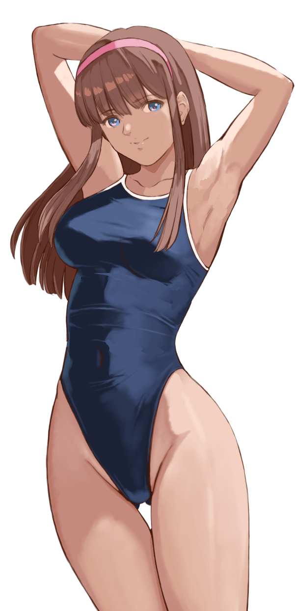 1girl alluring arms_behind_head blue_eyes blue_one-piece_swimsuit blunt_bangs breasts brown_hair competition_school_swimsuit dead_or_alive dead_or_alive_2 dead_or_alive_3 dead_or_alive_4 dead_or_alive_5 dead_or_alive_6 dead_or_alive_xtreme dead_or_alive_xtreme_2 dead_or_alive_xtreme_3_fortune dead_or_alive_xtreme_beach_volleyball dead_or_alive_xtreme_venus_vacation hairband high_res hitomi hitomi_(doa) l_fold long_hair looking_at_viewer medium_breasts one-piece_swimsuit pink_hairband popo_agaga school_swimsuit simple_background smile swimsuit tecmo thigh_gap white_background
