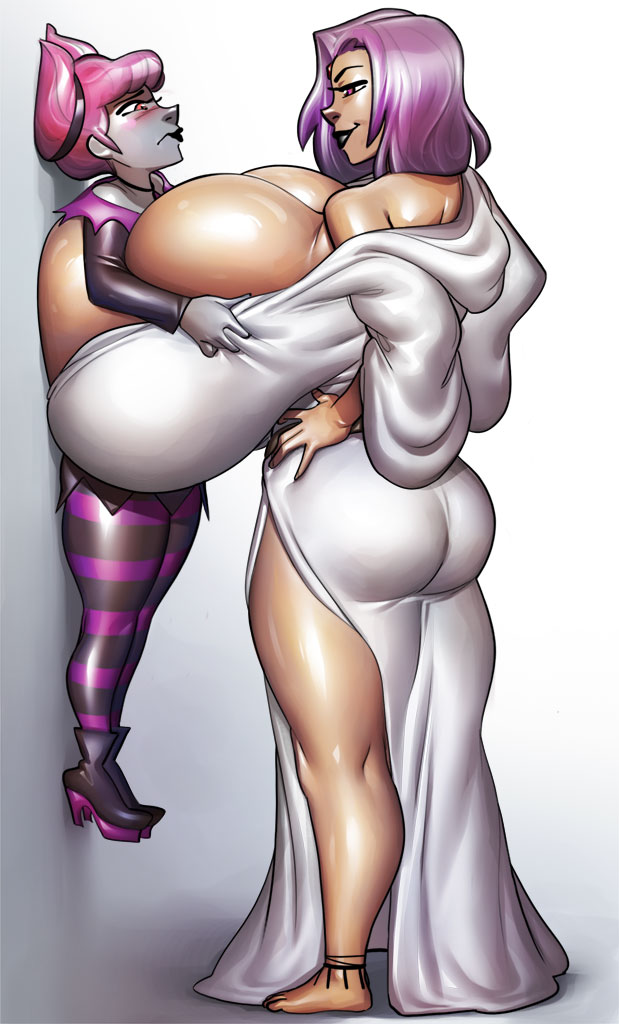 2girls adult adult_and_young_adult adult_female age_difference arella_roth big_breasts blush breast_envy breast_size_difference dat_ass dc_comics enormous_breasts female female_only gigantic_breasts huge_breasts jinx light-skinned_female light_skin looking_at_another mature_female milf older older_female pale-skinned_female pale_skin ph pink_hair pressing_breasts purple_hair size_difference teen_titans voluptuous voluptuous_female young_adult young_adult_female young_adult_woman