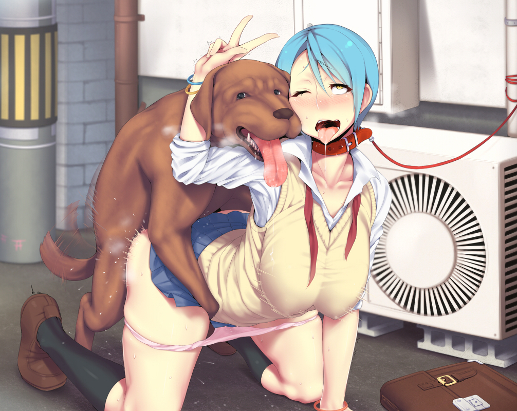 1girl ;p ahegao air_conditioner animal bag bdsm beastiality bitch_taken_for_walk blue_hair blush bondage breasts canine clothed_sex clothes_pull clothing collar dog doggy_position extreme_content female footwear heart hetero huge_breasts human_pet interspecies kneehighs leash lingerie male messenger_bag one_eye_closed open_mouth original original_character panties panty_pull pet petplay pink_panties pussy_juice saliva school_uniform sex sex_from_behind short_hair shoulder_bag slave socks solo_focus sweat taken_from_behind tongue tongue_out underwear underwear_pull uniform v vaginal vaginal_juice_stain vaginal_juices vest wet wet_clothes wet_panties wink xxzero yellow_eyes