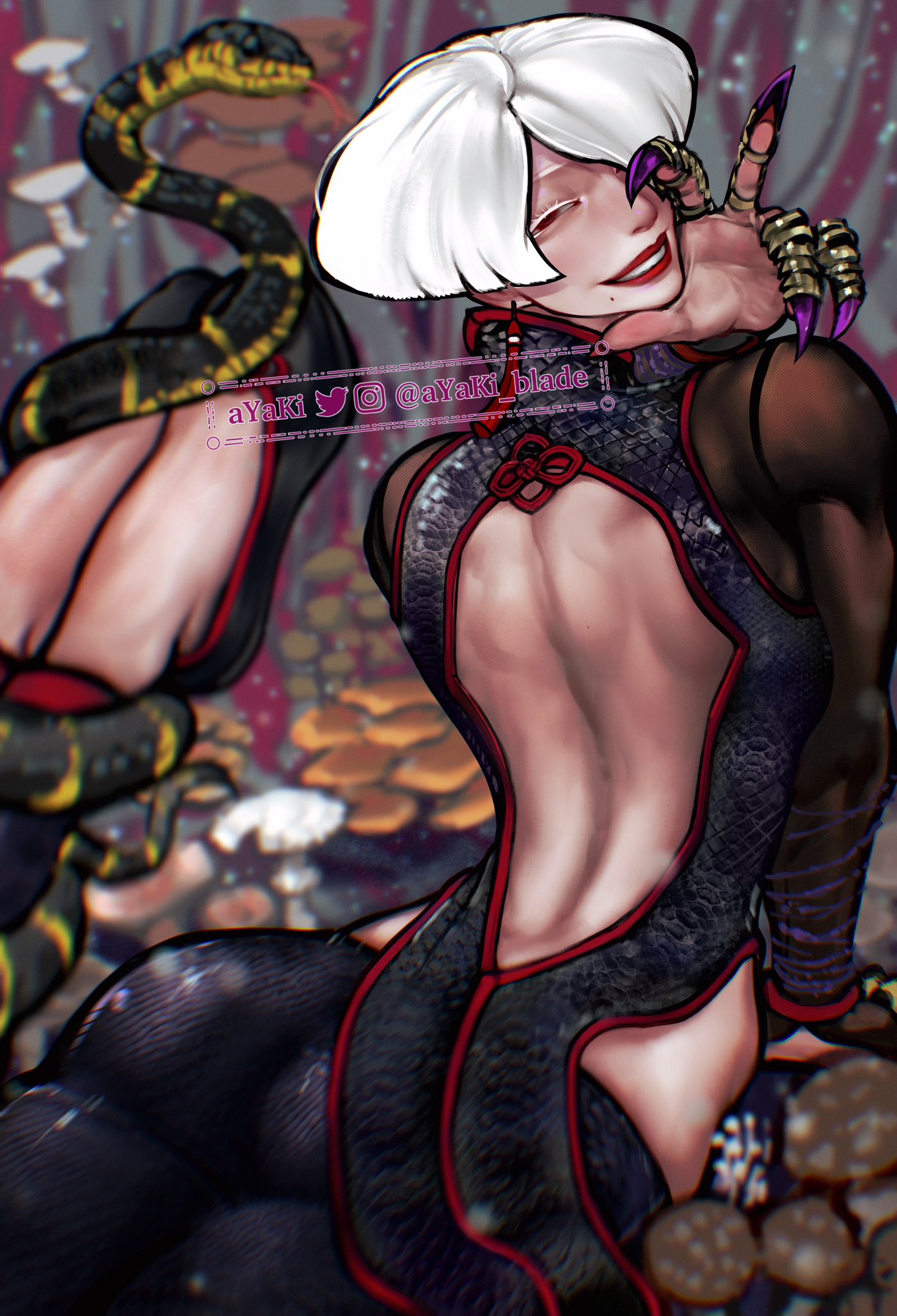 a.k.i._(street_fighter) ayaki_d chinese_clothes claws high_res impossible_hair mole muscular muscular_female mushroom red_lips smile snake street_fighter