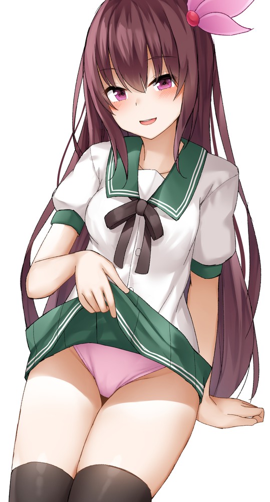 1girl bangs black_neckwear cameltoe clothed eyebrows_visible_through_hair female female_only kantai_collection kisaragi_(kantai_collection) lifted_by_self long_hair looking_at_viewer mizushina_minato non-nude panties pantyshot pink_panties presenting_panties purple_eyes purple_hair school_uniform skirt skirt_lift skirt_lifted_by_self smile solo_female underwear white_background