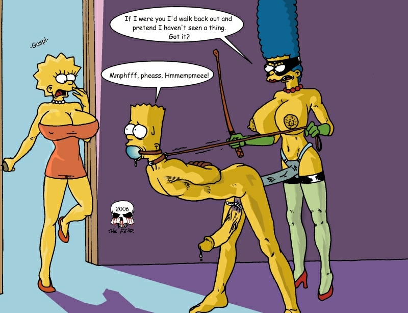 ass ball_gag bart_simpson bent_over blue_hair bondage breasts cleavage femdom hair hands_behind_back incest lisa_simpson marge_simpson mother_and_son nude pegging penis strap-on surprised the_fear the_simpsons walk-in yellow_skin
