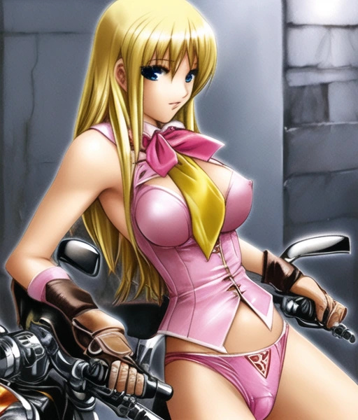 1girl ai_generated blond blond_hair blond_woman blonde blonde_female blonde_hair blonde_hair_female cravat female_only motorcycle pink pink_panties pink_underwear sexy.ai vehicle
