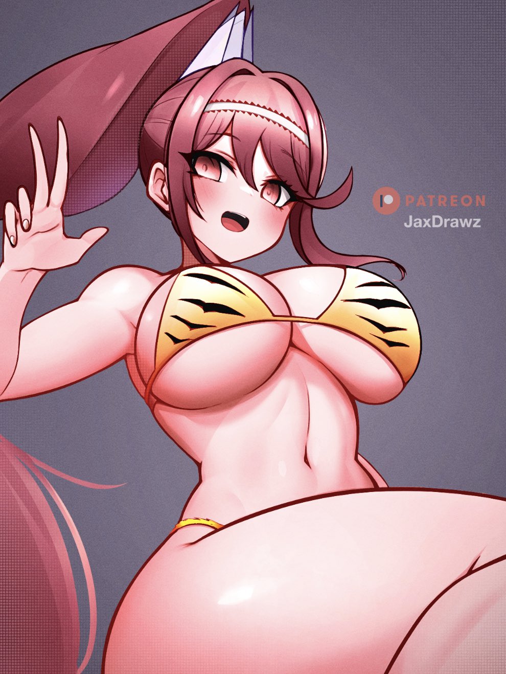1girl alluring alternate_costume animal_print artist_name big_breasts bikini blush breasts cleavage commentary english_commentary eyelashes feet_out_of_frame glimmer_(xenoblade) grey_background hair_ornament hand_up high_ponytail high_res jaxdrawz looking_at_viewer micro_bikini navel open_mouth patreon_logo print_bikini red_eyes red_hair sidelocks swept_bangs swimsuit thighs tiger_print xenoblade_(series) xenoblade_chronicles_(series) xenoblade_chronicles_3 xenoblade_chronicles_3:_future_redeemed yellow_bikini