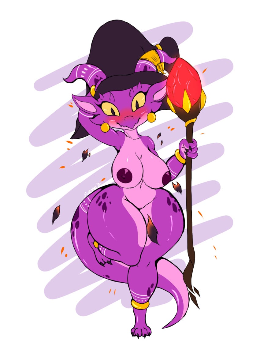 accidental_exposure bracelet breasts burned_clothing earrings embarrassed embarrassed_nude_female enf gold_bracelet gold_earrings hat hat_only headwear horns kobold mage magi_(suirano) magic_staff nipples nude nude purple_body purple_scales purple_skin staff suirano tail thick_thighs thighs witch_hat