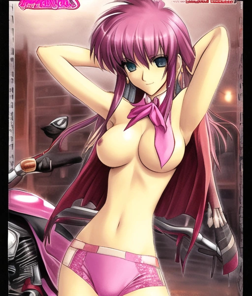 1girl ai_generated breasts cravat female_only hands_behind_head motorcycle nipples pink pink_cravat pink_hair pink_motorcycle pink_panties pink_underwear sexy.ai topless topless_female vehicle