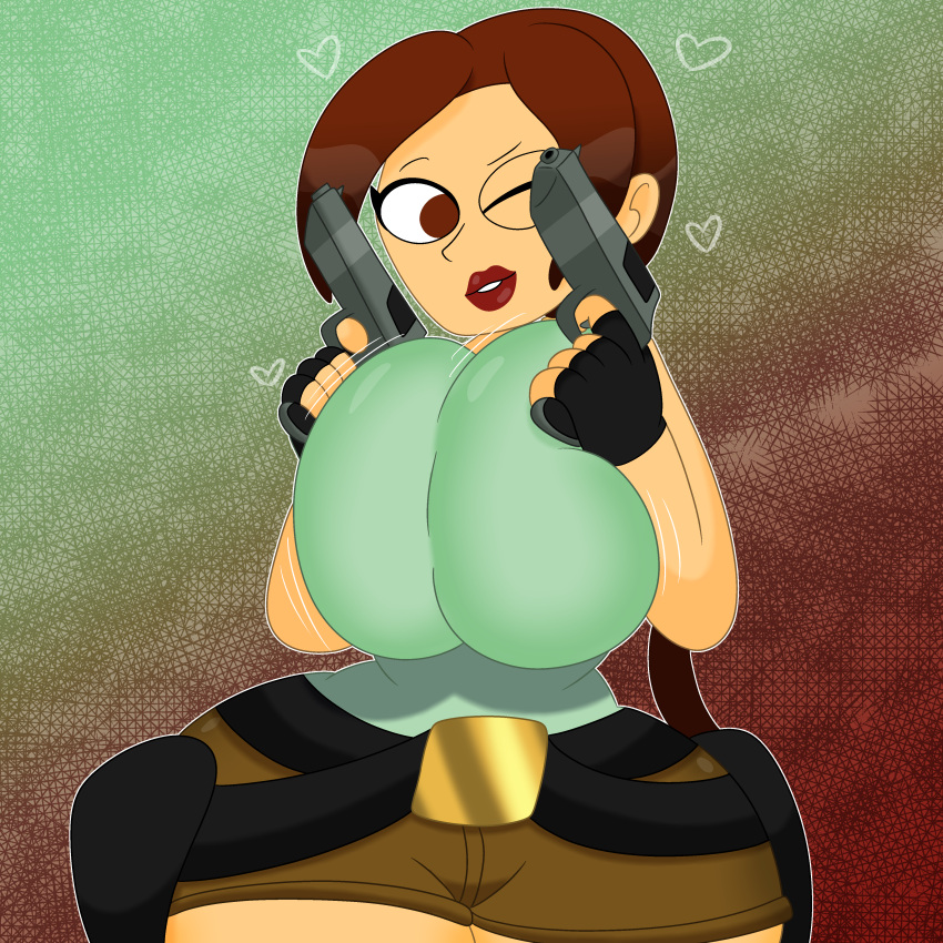 1girl 3barts holding_gun milf red_lips squeezing_breasts thicc tomb_raider wink
