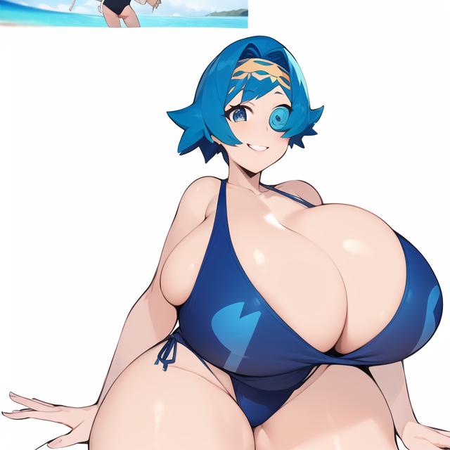 ai_generated big_breasts bikini blue_eyes blue_hair generated_by_mathie lana_(pokemon) massive_breasts metalpipe55_(artist) pokemon pokemon_(anime) pokemon_(game) simple_background