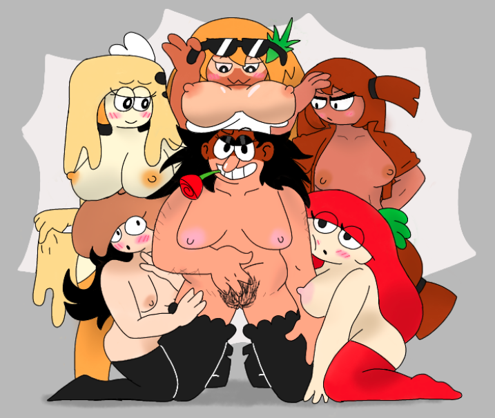 6girls breasts cheese_toppin female_only female_pubic_hair genderswap genderswap_(mtf) multiple_girls mushroom_toppin nipples object_in_mouth peppino_spaghetti pineapple_toppin pizza_tower pubic_hair rose rose_in_mouth sausage_toppin tomato_toppin