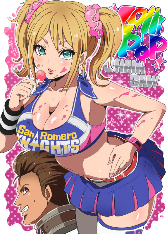 1boy 1girl aqua_eyes bad_id belt big_breasts blonde_hair blood blood_on_face breasts brown_eyes brown_hair candy cheerleader cleavage clothes_writing copyright_name couple crop_top eyelashes food grasshopper_manufacture green_eyes grin hand_on_hip huge_breasts juliet_starling large_breasts lollipop lollipop_chainsaw long_hair looking_at_another midriff miniskirt navel nick_carlyle open_mouth polka_dot polka_dot_background scrunchie severed_head short_hair skirt smile solo_focus sweatdrop thighhighs twintails watch white_legwear wristband wristwatch yuuga_(cherrybomb-g)