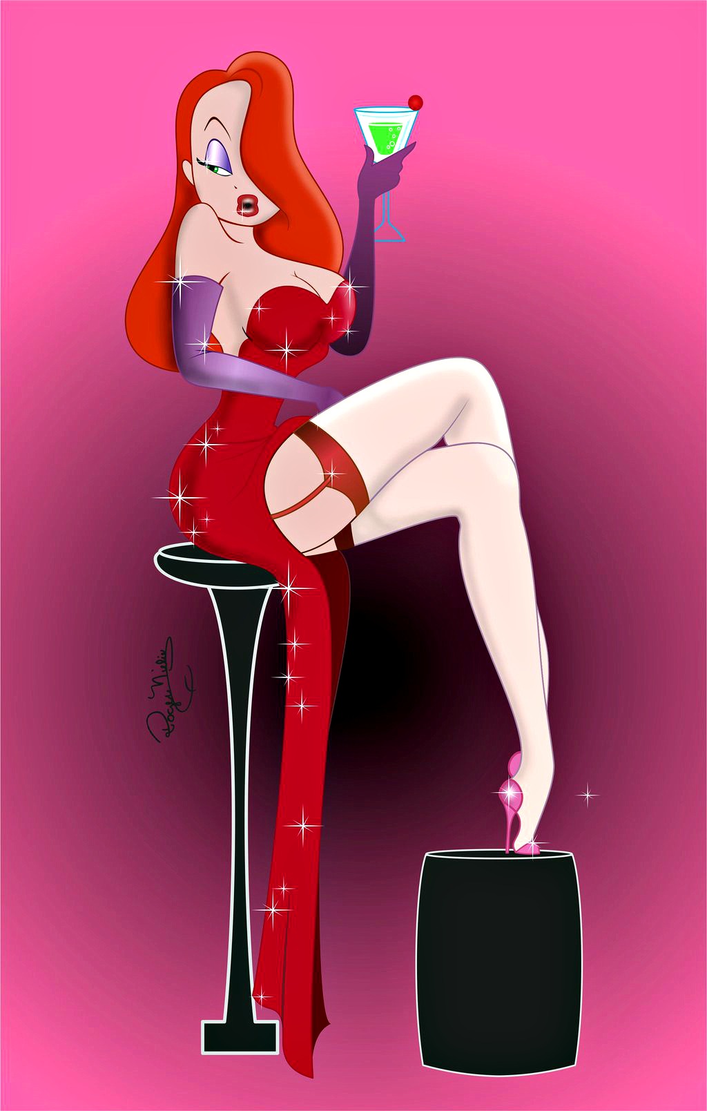 big_breasts disney green_eyes hair_over_one_eye hourglass_figure jessica_rabbit red_hair rogernilio_(artist) sultry sultry_eyes who_framed_roger_rabbit