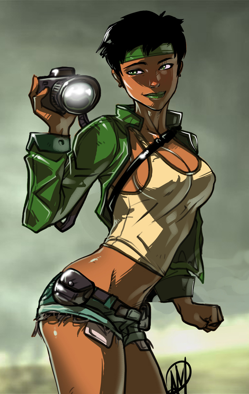 1girl belt beyond_good_and_evil big_breasts black_hair breasts camera cleavage clenched_hand crop_top cropped_jacket cutoffs dark_skin earrings erect_nipples ganassa green_eyes green_lipstick headband highres jacket jade_(beyond_good_and_evil) jewelry lipstick makeup midriff navel no_bra open_clothes open_jacket pouch shiny shiny_skin shirt short_hair short_shorts shorts sideboob smile solo taut_clothes taut_shirt