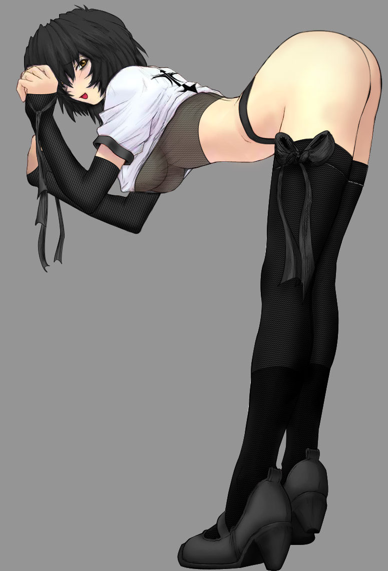 1girl against_wall ahegao alternate_color arched_back ass bent_over black_hair black_legwear black_panties blush breasts crop_top elbow_gloves erect_nipples female fishnets fucked_silly gloves gothic grey_background hair_over_one_eye high_heels jpeg_artifacts legs looking_at_viewer looking_back mogudan neon_genesis_evangelion open_mouth panties photoshop player_2 rei_ayanami ribbon see-through shoes shop short_hair simple_background smile solo thighhighs thong underboob underwear yellow_eyes