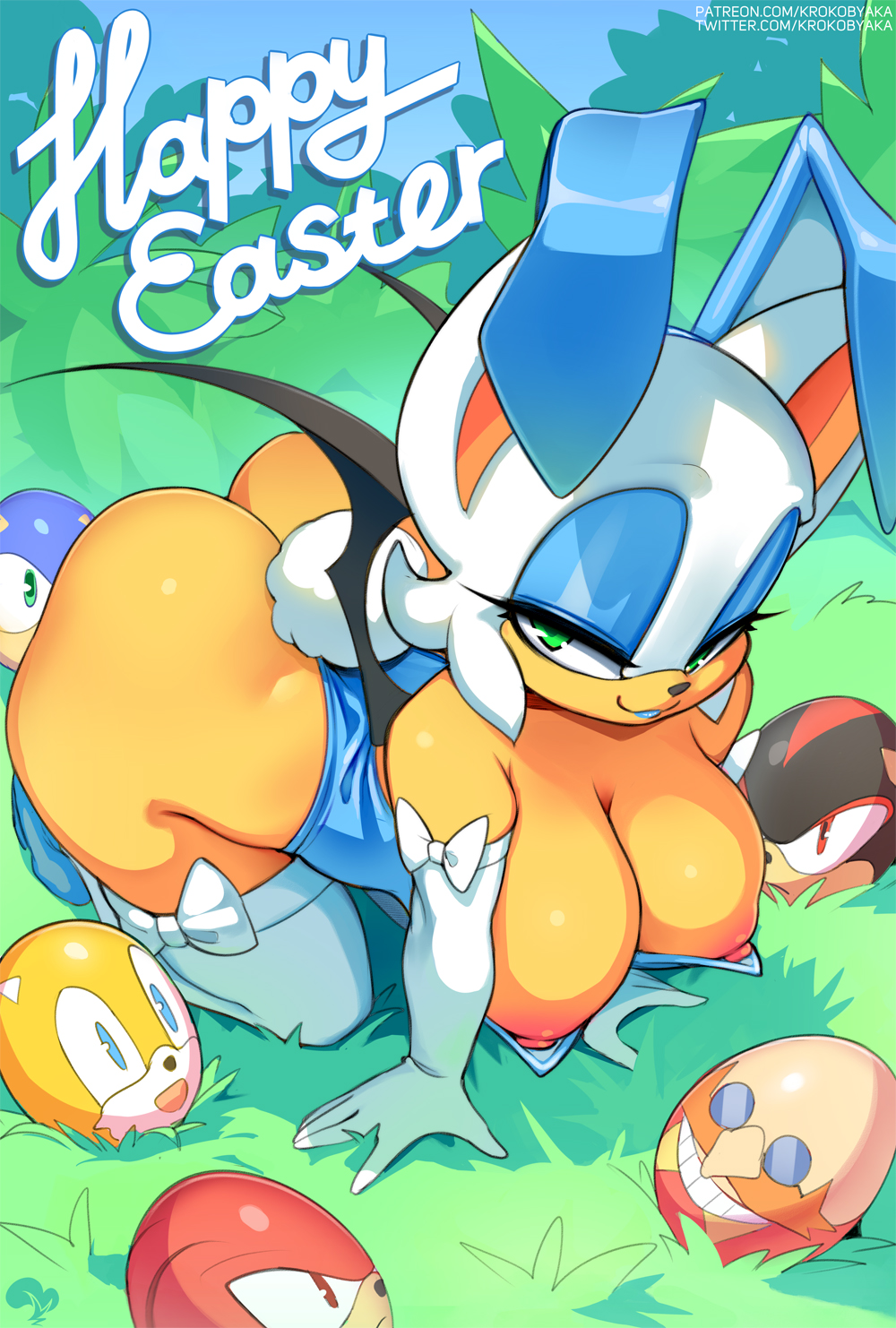 1girl breasts_outside bunny_ears bunnysuit cosplay doggy_position dr_eggman dr_robotnik easter_bunny green_eyes happy_easter knuckles_the_echidna krokobyaka looking_at_viewer looking_up miles_"tails"_prower rouge_the_bat sega shadow_the_hedgehog sonic_the_hedgehog sonic_the_hedgehog_(series) visible_nipples yellow_skin
