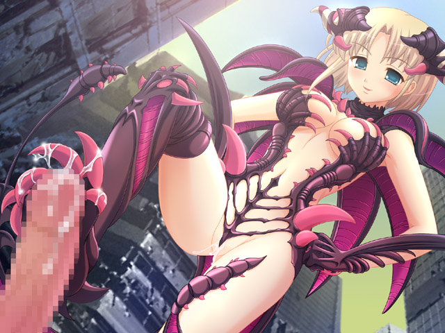 artist_request blonde_hair blue_eyes blush breasts censored city cum erection feet femdom foot_fetish footjob looking_down monster_girl outdoors penis pov pussy pussy_juice ruins smile tail tentacle