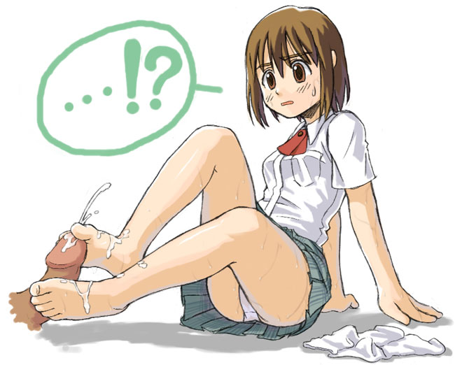 !? 1boy 1girl :o arm_support artist_request ayase_fuuka bangs barefoot blush clothed_female_nude_male clothed_sex clothes_removed collared_shirt cum cum_on_body cum_on_lower_body disembodied_penis ejaculation feet femdom foot_fetish footjob from_side full_body grey_skirt hetero legs miniskirt necktie nude open_mouth panties pantyshot pantyshot_(sitting) penis plaid plaid_skirt pleated_skirt school school_uniform serafuku shadow shirt short_hair short_sleeves sitting skirt small_breasts solo_focus speech_bubble sweat toes uncensored underwear upskirt white_panties white_shirt white_skirt yotsubato!