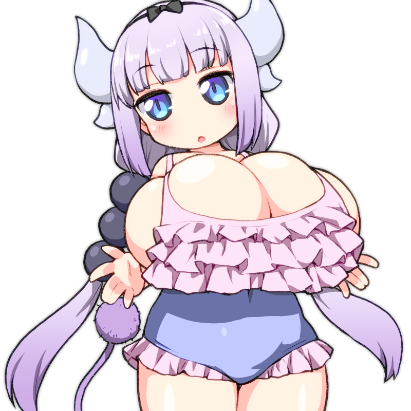 1girl :o accessory argentdel bangs big_breasts blue_eyes blunt_bangs blush breasts cleavage dragon_humanoid frilled_swimsuit frills hair hair_accessory hair_ornament hairband horn horned_humanoid horns huge_breasts humanoid kanna_kamui lavender_hair light-skinned_female light_skin long_hair looking_at_viewer mammal_humanoid miss_kobayashi's_dragon_maid one-piece_swimsuit open_mouth purple_hair shiny shiny_skin sidelocks simple_background standing swimsuit swimwear thick_thighs thighs twin_tails white_background