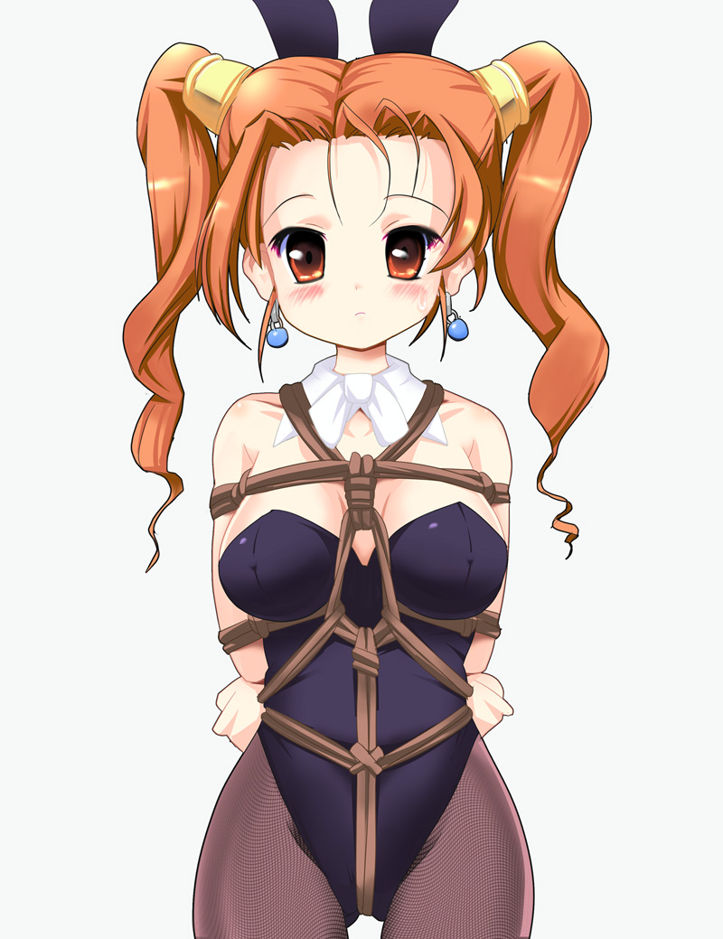 1girl alternate_costume animal_ears arms_behind_back bad_id bdsm bondage bound box_tie breasts bunny_ears bunnysuit crotch_rope dragon_quest dragon_quest_viii erect_nipples fishnet_pantyhose fishnets jessica_albert jessica_albert_(dragon_quest) large_breasts milk_(artist) milk_(pixiv178138) orange_eyes orange_hair pantyhose rope shibari shibari_over_clothes solo square_enix twintails