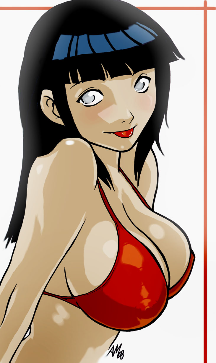 1girl 2008 :p big_breasts bikini black_hair breasts cleavage female_only ganassa highres hinata_hyuuga long_hair naruto solo solo_female swimsuit tongue tongue_out upper_body