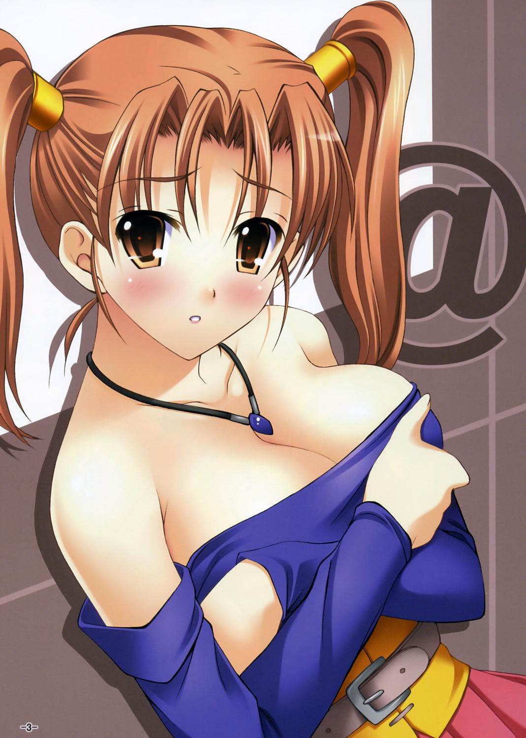 1girl against_wall bare_shoulders belt blush breasts brown_eyes brown_hair cleavage crossed_arms detached_sleeves dragon_quest dragon_quest_viii dress highres jessica_albert jessica_albert_(dragon_quest) jewelry large_breasts mizuhara_yuu necklace orange_eyes orange_hair purple_shirt scan shirt solo square_enix strapless_dress twintails
