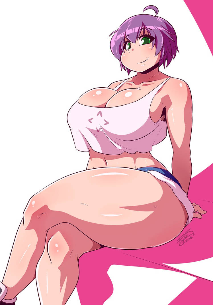 ass belly_button big_ass big_breasts breasts cleavage crop_top curvy cute female_only looking_at_viewer mrsakai purple_hair shadow simple_background smile thick_thighs white_background wide_hips yukino_akaihi yukino_memories