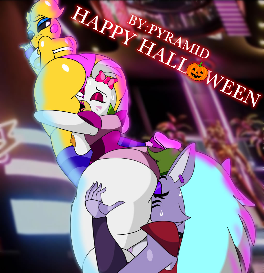 3_girls against_wall animatronic big_ass breast_press carrying face_in_ass female_focus five_nights_at_freddy's:_security_breach furry glamrock_chica_(fnaf) halloween hand_on_ass long_hair pussylicking pyramid_(artist) rimjob roxanne_wolf_(fnaf) shoulder_ride sweat toy_chica toy_chica_(eroticphobia) yuri