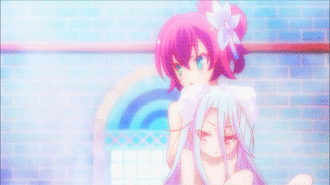 2girls anime bath crawling fell_down female gif no_game_no_life nude nude_female pink_hair shiro_(no_game_no_life) stephanie_dora