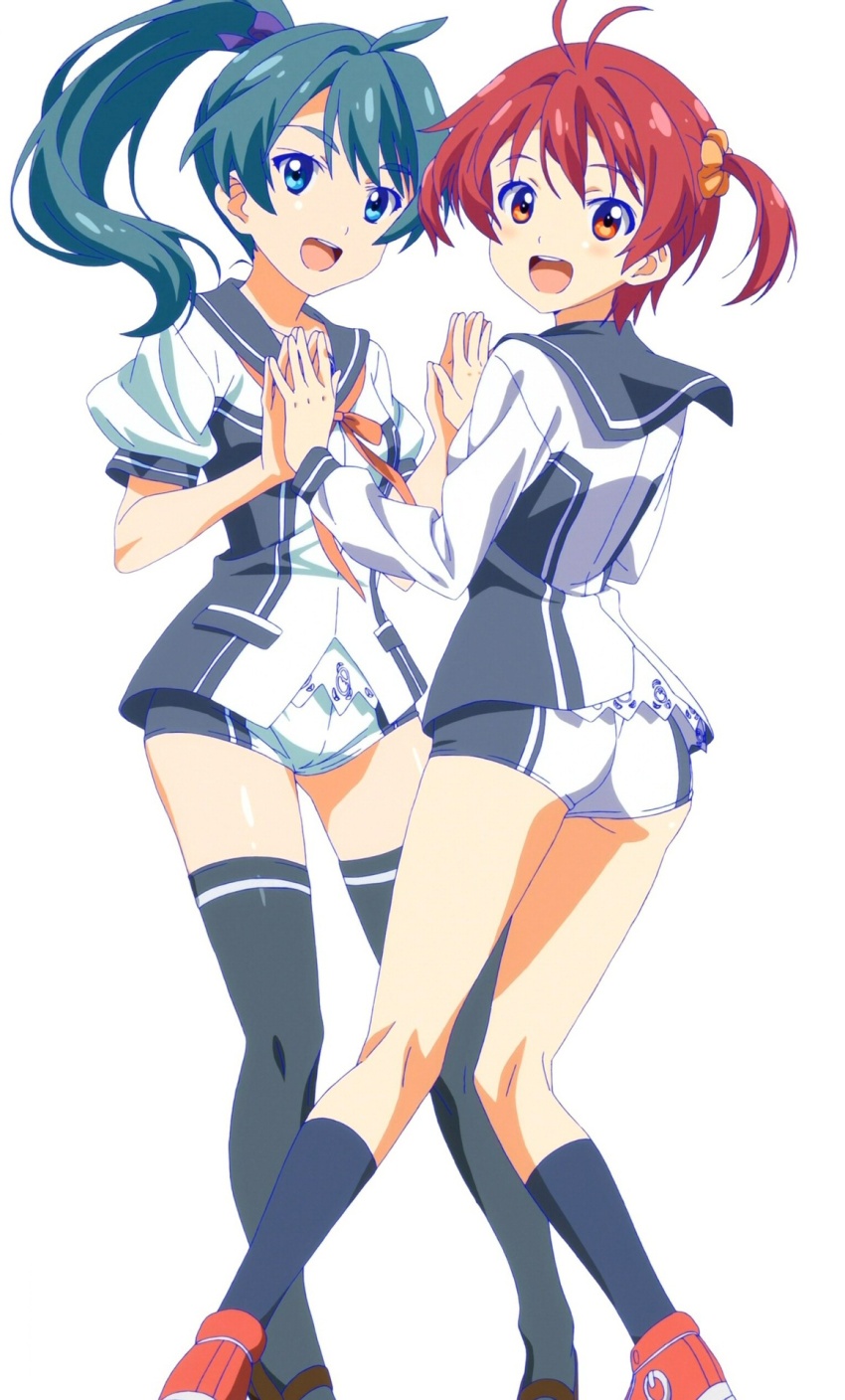 2_girls 2girls :d ahoge aqua_eyes artist_request ass bow green_hair hair_bow hair_ornament hair_scrunchie highres holding_hands isshiki_akane kneepits long_hair looking_at_viewer multiple_girls national_shin_ooshima_school_uniform non-web_source open_mouth orange_scrunchie ponytail purple_bow red_eyes red_hair saegusa_wakaba school_uniform screencap scrunchie short_hair short_shorts short_twintails shorts smile socks stitched thighhighs third-party_edit twintails vividred_operation
