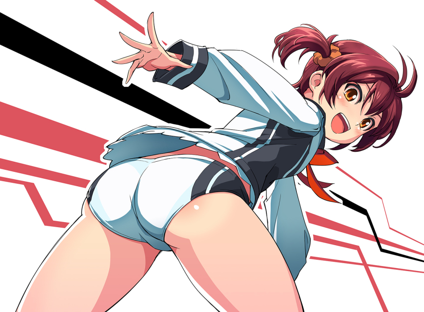 1_girl 1girl ass blush brown_eyes brown_hair commentary_request from_behind hair_ornament hair_scrunchie isshiki_akane leaning_forward looking_back michairu national_shin_ooshima_school_uniform open_mouth orange_scrunchie photoshop_(medium) school_uniform scrunchie short_hair short_shorts shorts smile solo twintails vividred_operation