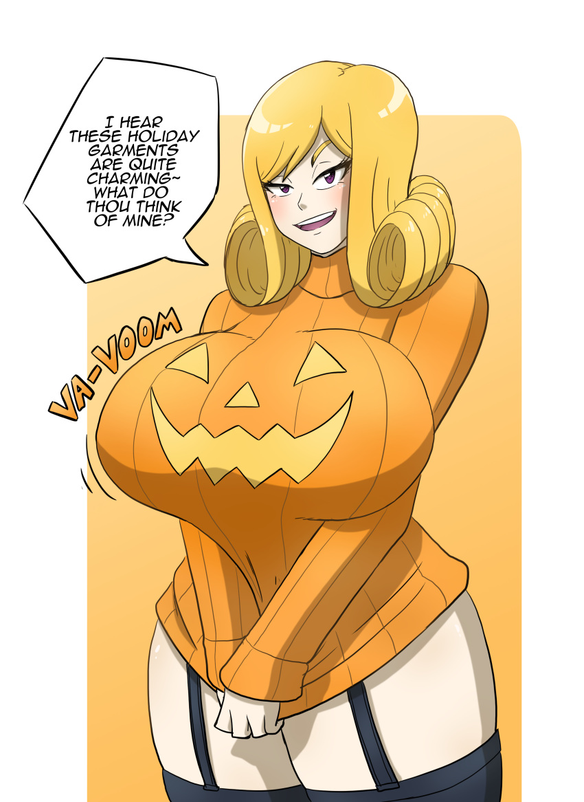blush bottomless breasts elena_(kobi) garter_straps halloween high_res huge_breasts jack-o'-lantern kobi-tfs looking_at_viewer original pumpkin_breasts purple_eyes queen royalty simple_background smiling_at_viewer stockings sweater thick_thighs wide_hips