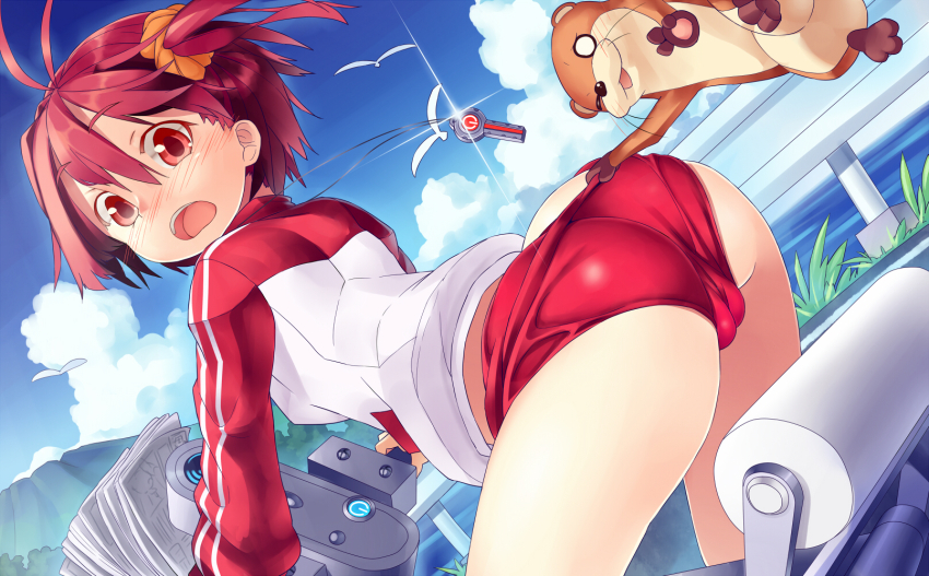 1_girl 1girl animal ass bird cameltoe cleft_of_venus clothes_pull cloud day hair_ornament highres hover_bike isshiki_akane jacket jewelry looking_at_viewer mikan_(bananoha) open_mouth paper pendant pulled_by_another red_eyes red_hair riding short_hair short_shorts shorts shorts_pull sky solo track_jacket trefoil twintails uso-kun vividred_operation