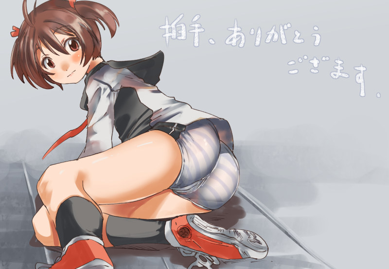 1_girl 1girl art ass brown_eyes brown_hair cameltoe female isshiki_akane looking_at_viewer panties see-through shoes short_hair short_shorts shorts sneakers solo striped striped_panties text translated twintails underwear vividred_operation webclap yohane