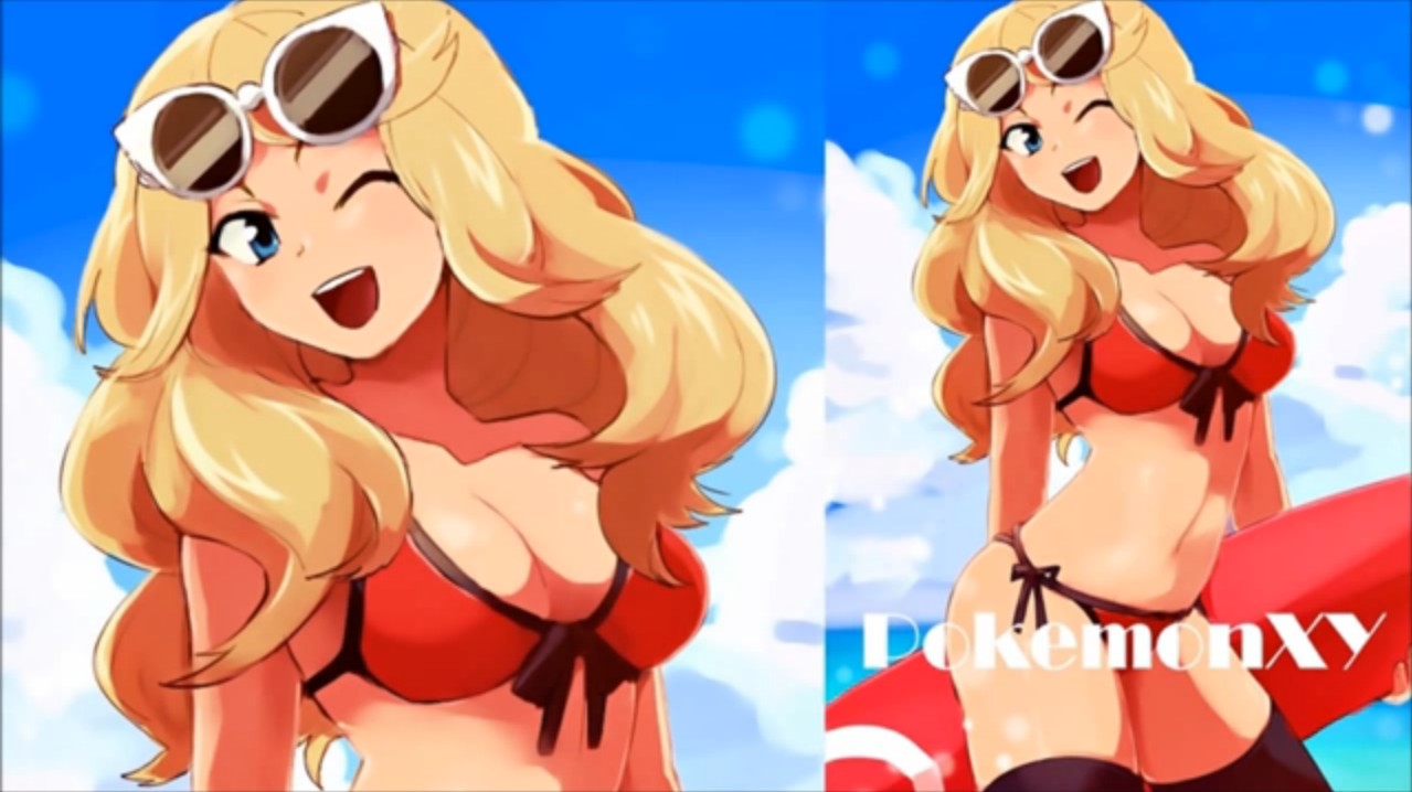 beach bikini blonde_hair blue_eyes bra long_hair pokemon pokemon_xy serena serena_(pokemon) sunglasses wink
