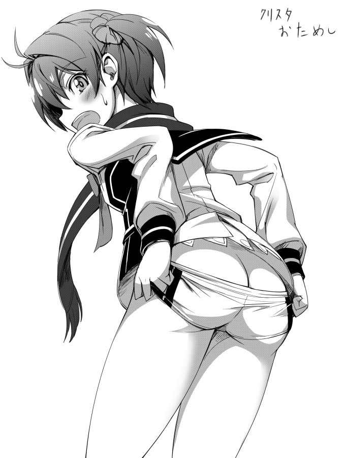 1_girl 1girl adjusting_clothes ass blush butt_crack female isshiki_akane looking_at_viewer looking_back michairu monochrome open_mouth scarf short_hair short_shorts short_twintails shorts simple_background solo twintails vividred_operation white_background