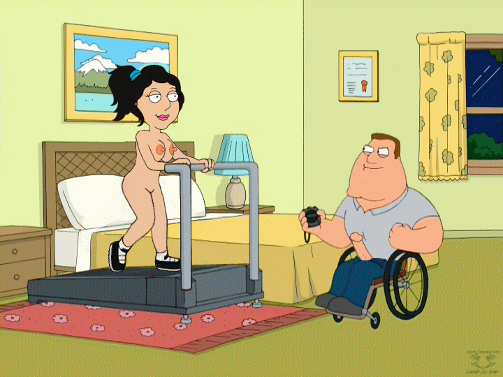 1_boy 1_girl 1boy 1girl bedroom boner bonnie_swanson bouncing_breasts clothed_male_nude_female exercise family_guy female gif guido_l indoors joe_swanson male nude walking wheelchair wife