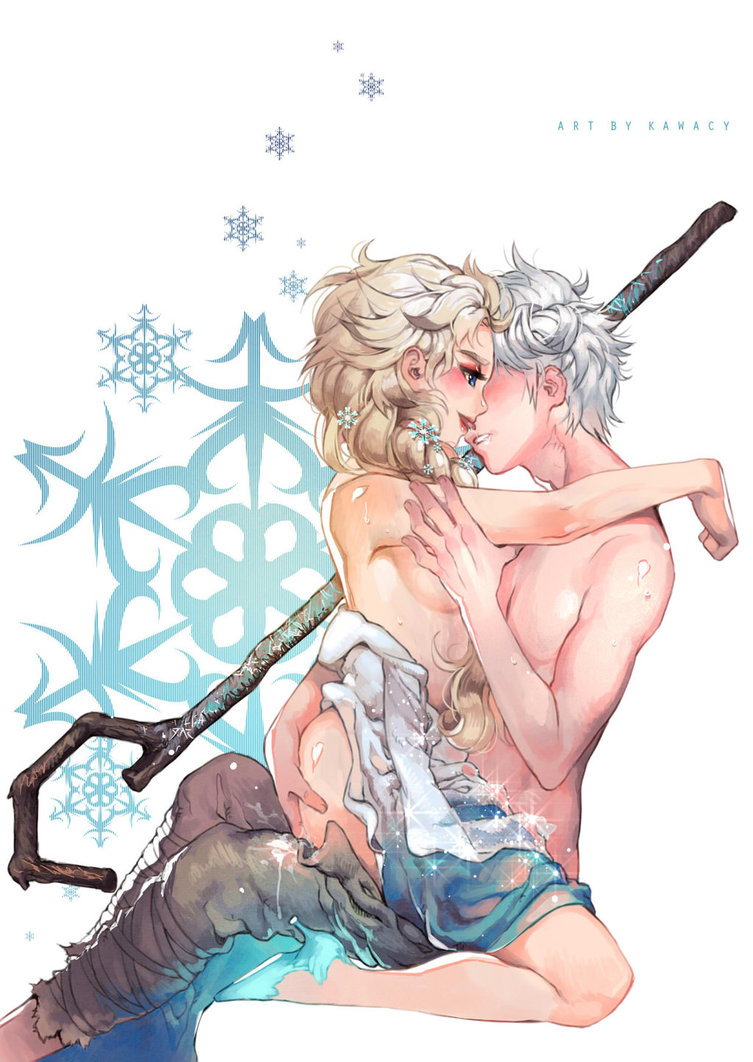 1boy 1girl ass ass_grab blue_eyes clothed_sex crossover cum disney elsa frozen_(movie) girl_on_top hetero jack_frost_(rise_of_the_guardians) kawacy kissing licking rise_of_the_guardians saliva sex smile staff straddling topless upright_straddle vaginal white_background white_hair