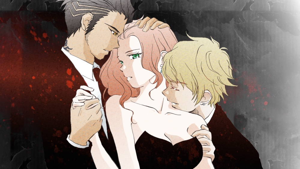 1girl 2boys aq_interactive arm arm_grab arms art bare_shoulders black_dress black_hair blazer blonde blonde_hair breasts brown_eyes cleavage closed_eyes collarbone dress earrings formal green_eyes hair hand_holding hand_on_another's_head hand_on_head head_grab jackal_(the_last_story) jewelry kissing long_hair long_sleeves looking_at_another mmf_threesome moaning multiple_boys naughty_face neck neck_kiss neck_tie necktie nintendo pink_hair quark_(the_last_story) seiren_(the_last_story) short_hair smile strapless strapless_dress suit tattoo teeth the_last_story threesome