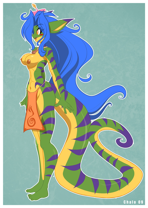 1girl anthro anthro_only artist_name big_breasts blue_hair breasts chalo chalodillo chalosan curvy_figure cute_fangs female female_only flower_in_hair furry gecko geecku green_body las_lindas las_lindas_(series) lizard multicolored_body nipples non-mammal_breasts reptile scalie striped_body stripes thick_tail topless topless_female webcomic webcomic_character yellow_body yellow_eyes
