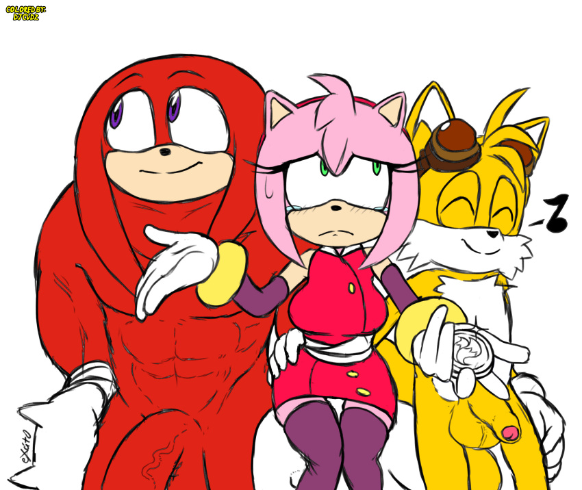 1girl 2boys amy_rose anthro ball_size_difference balls big_penis blush canid canine clothed clothing dj_cvdz_(artist) echidna english_text eulipotyphlan excito female fox furry genitals glans gloves green_eyes group handwear hedgehog knuckles_the_echidna male male/female mammal miles_"tails"_prower monotreme musical_note nipples nude penis penis_size_difference pink_glans pink_nipples red_balls red_penis shrug simple_background smile sonic_the_hedgehog_(series) text uncut video_games white_background yellow_balls yellow_penis