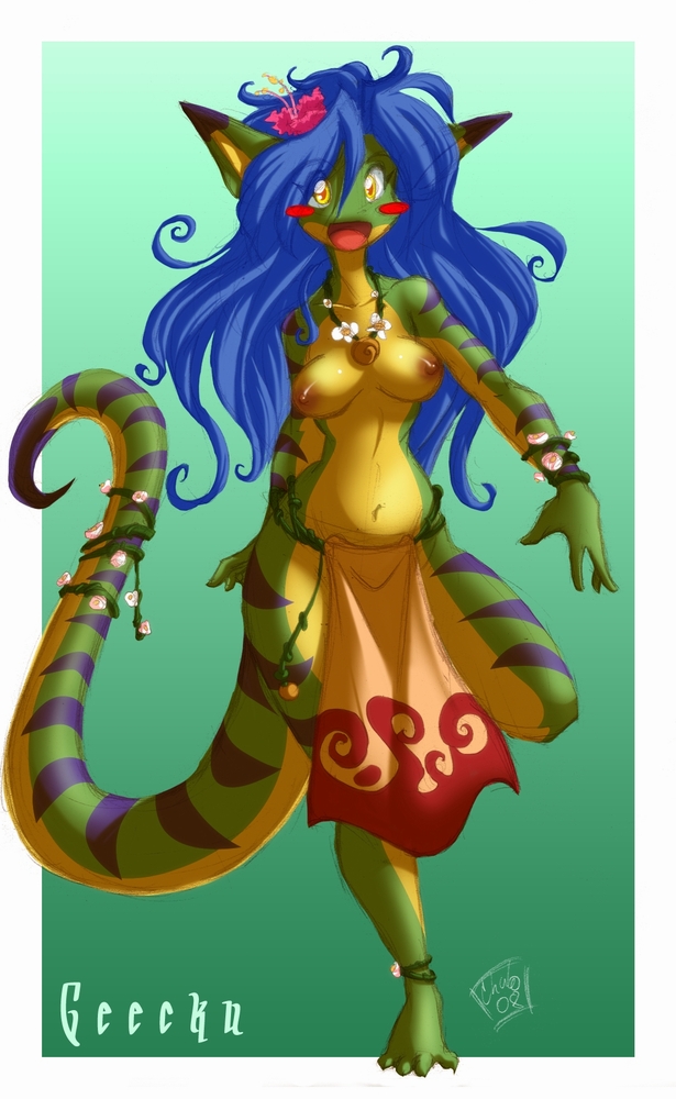 1girl anthro anthro_only blue_hair breasts chalo chalodillo chalosan curvy_figure cute_fangs female female_only flower_in_hair furry gecko geecku green_body las_lindas las_lindas_(series) lizard multicolored_body nipples non-mammal_breasts reptile scalie striped_body stripes thick_tail topless topless_anthro topless_female webcomic webcomic_character yellow_body yellow_eyes
