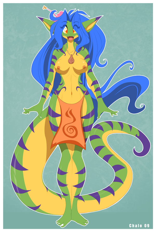 1girl anthro anthro_only big_breasts blue_hair breasts chalo chalodillo chalosan curvy_figure cute_fangs female female_only flower_in_hair furry gecko geecku green_body las_lindas las_lindas_(series) lizard long_hair multicolored_body nipples non-mammal_breasts reptile scalie striped_body stripes thick_tail topless_female webcomic webcomic_character yellow_body yellow_eyes