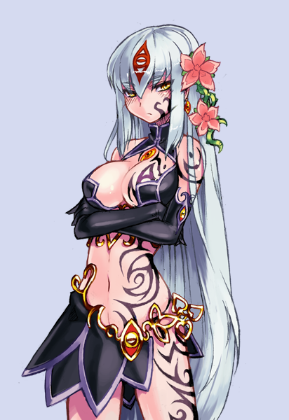 1girl alice_(mon-musu_quest!) alice_fateburn cleavage female_only human humanized long_hair mon-musu_quest! monster_girl_quest tattoos white_hair