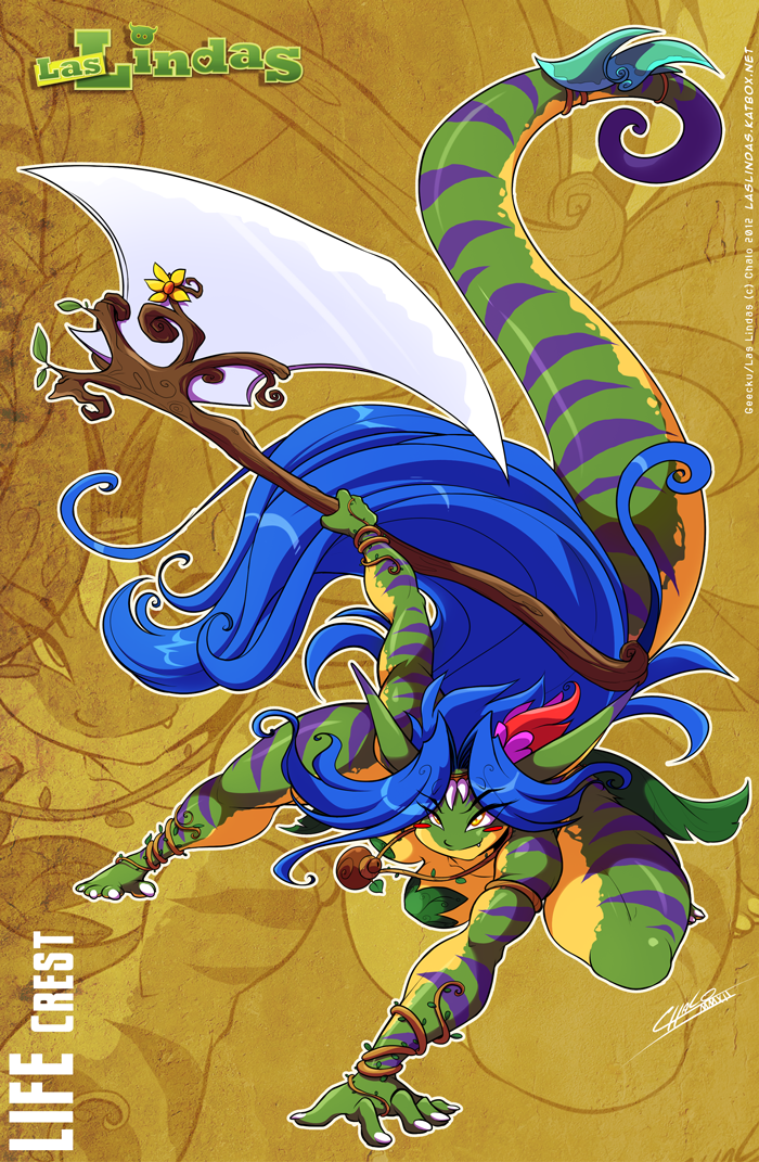 1girl anthro anthro_only axe big_breasts blue_hair breasts chalo chalodillo chalosan copyright_name curvy_figure cute_fangs female female_only flower_in_hair furry gecko geecku green_body holding_axe holding_weapon las_lindas las_lindas_(series) lizard multicolored_body non-mammal_breasts reptile scalie striped_body stripes thick_tail topless_female weapon webcomic webcomic_character yellow_body yellow_eyes